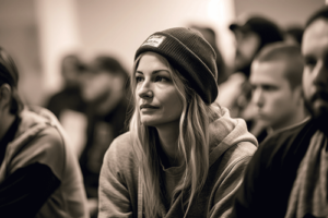Woman sits and listens to peers in marijuana addiction treatment program